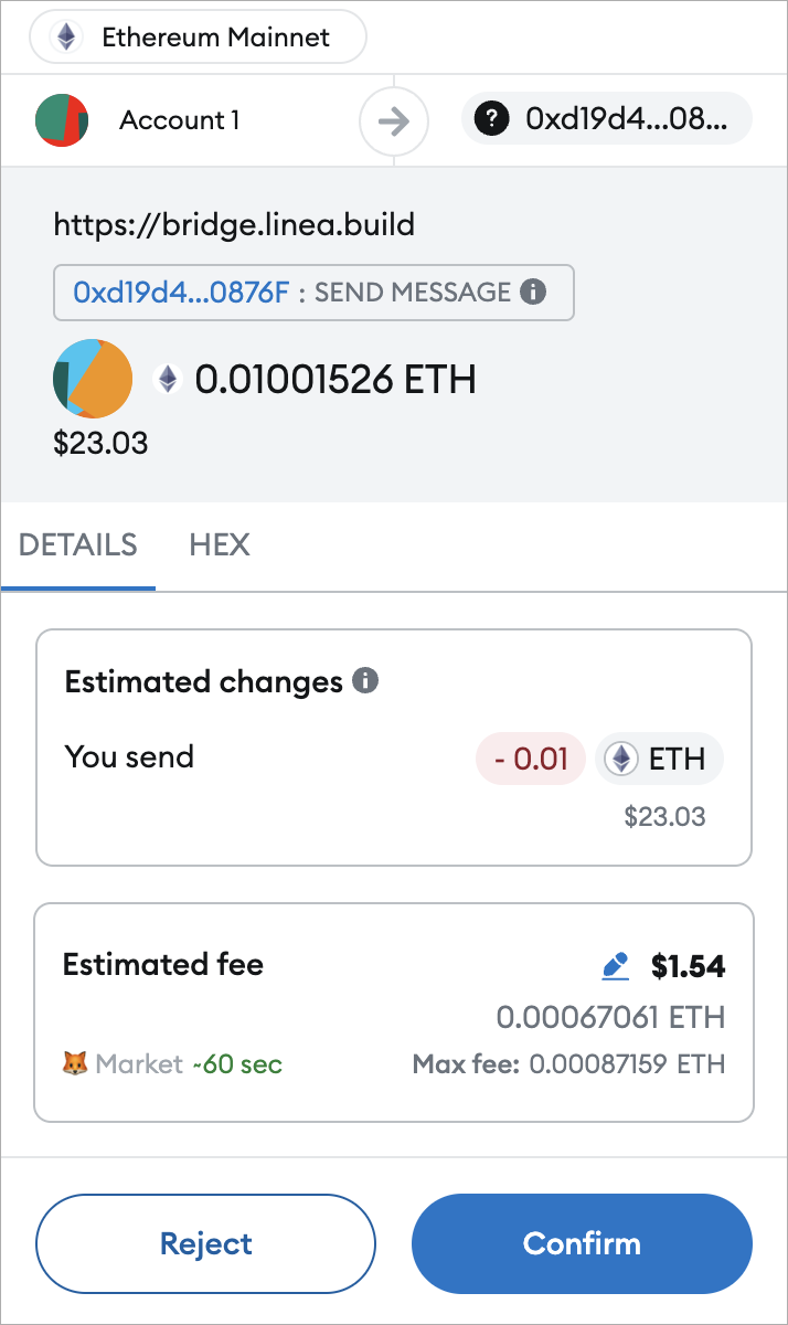 Confirm Linea bridge transaction in MetaMask