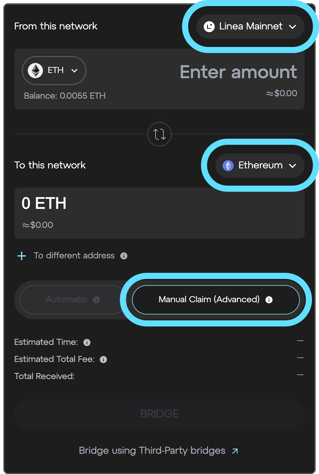 Linea bridge set Linea mainnet to Ethereum